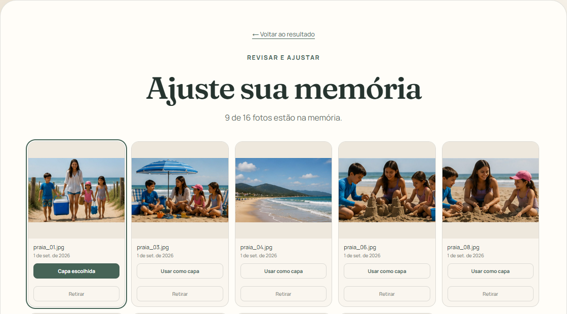 Tela atual Revisar e ajustar, com escolha de capa e fotos incluídas na memória